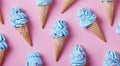 Pattern with blue ice cream in waffle cones on light pink background, top view. Royalty Free Stock Photo